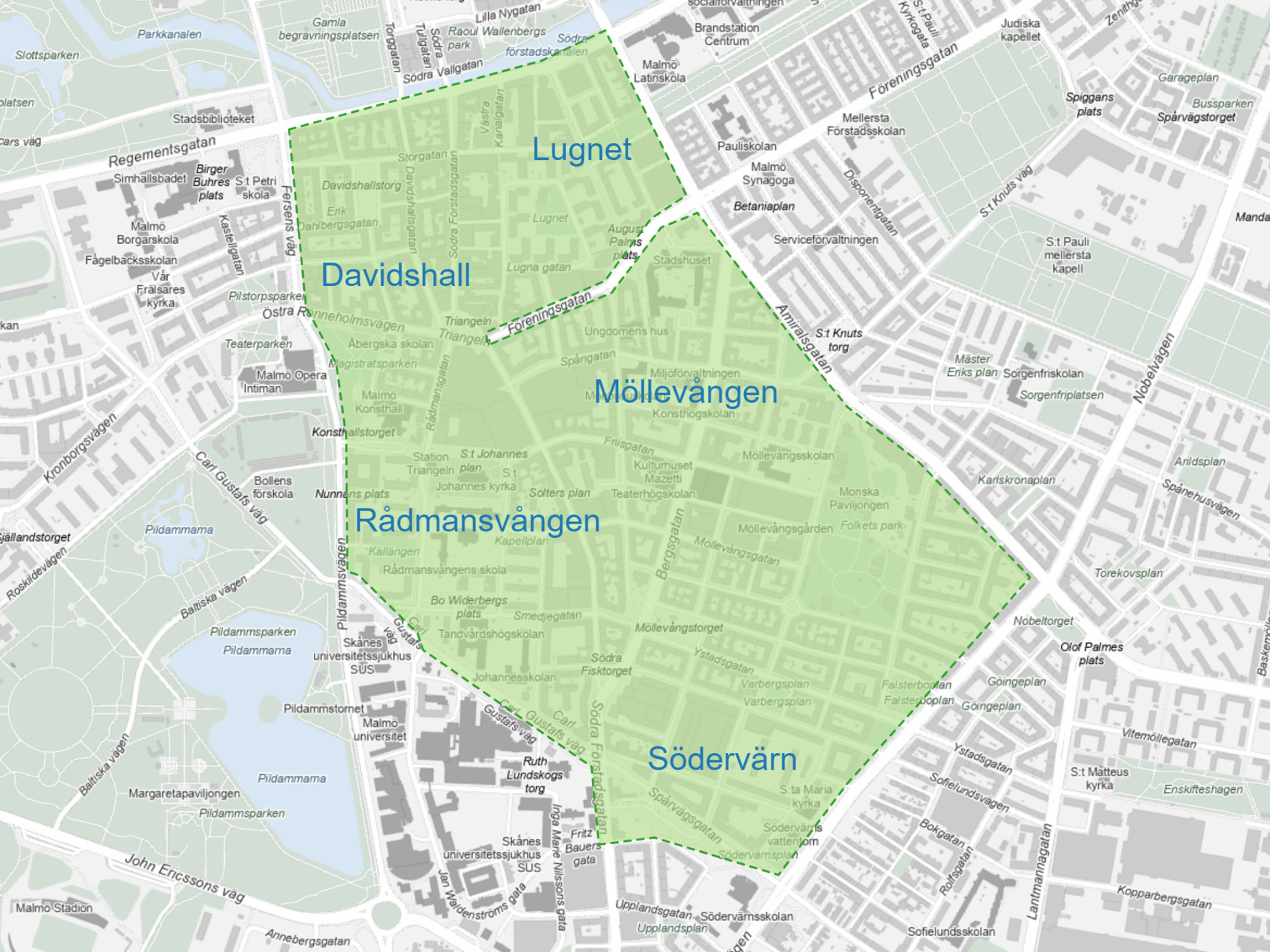 Kartbild med markering av 30-zonen som gäller stadsdelarna Davidshall, Lugnet, Möllevången, Rådmansvången och delar av Södervärn.