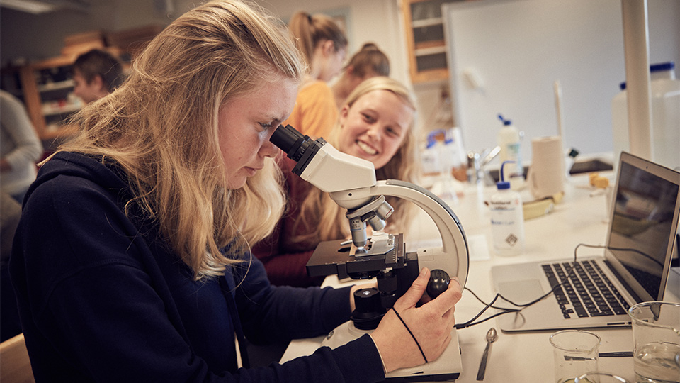 Elev tittar i mikroskop