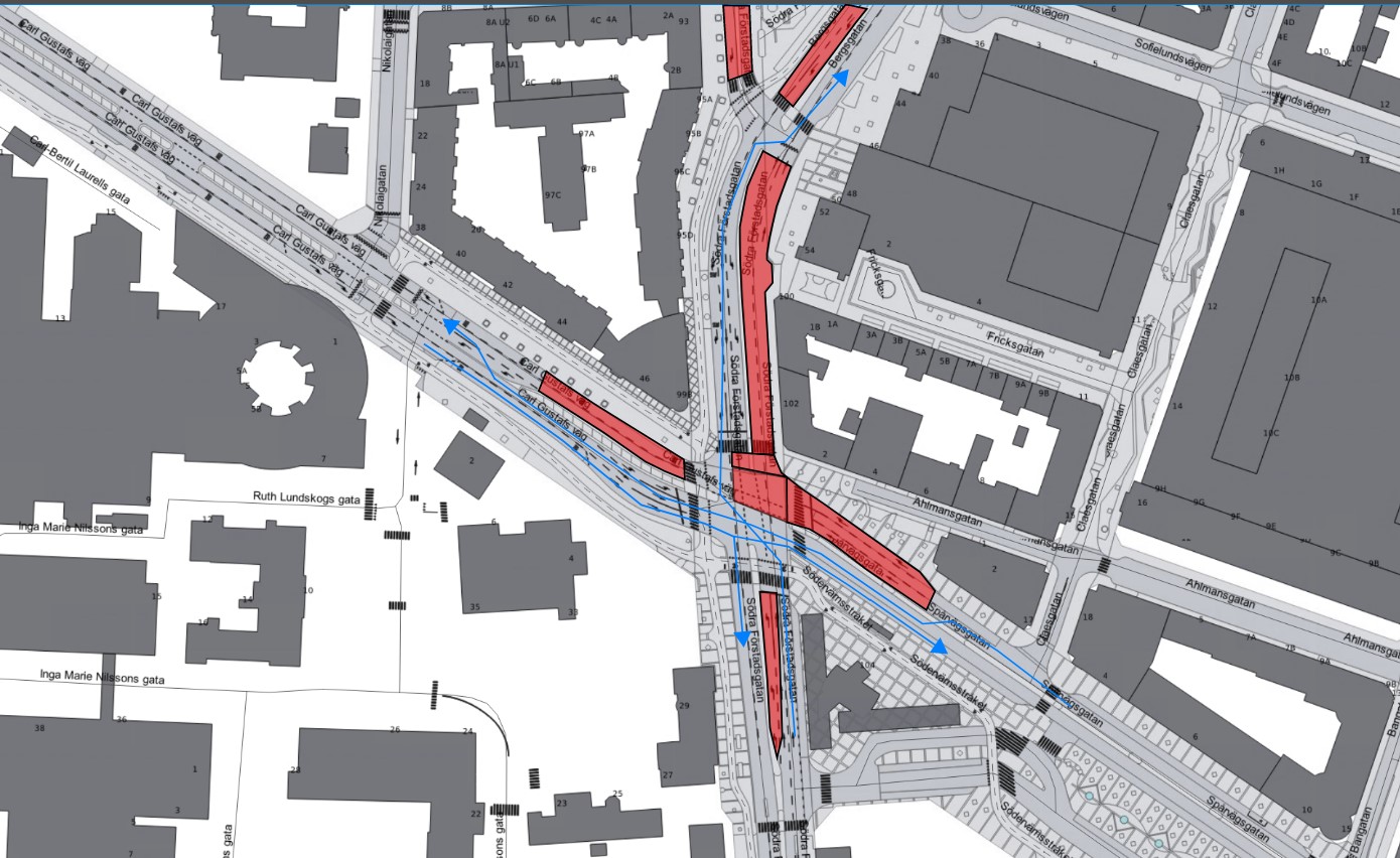 Etapp 1: Bilden visar en karta med avstängning på Södervärn. Bergsgatan mot Södervärn stängs av i höjd med Smedjegatan. Blåljus och buss påverkas ej.