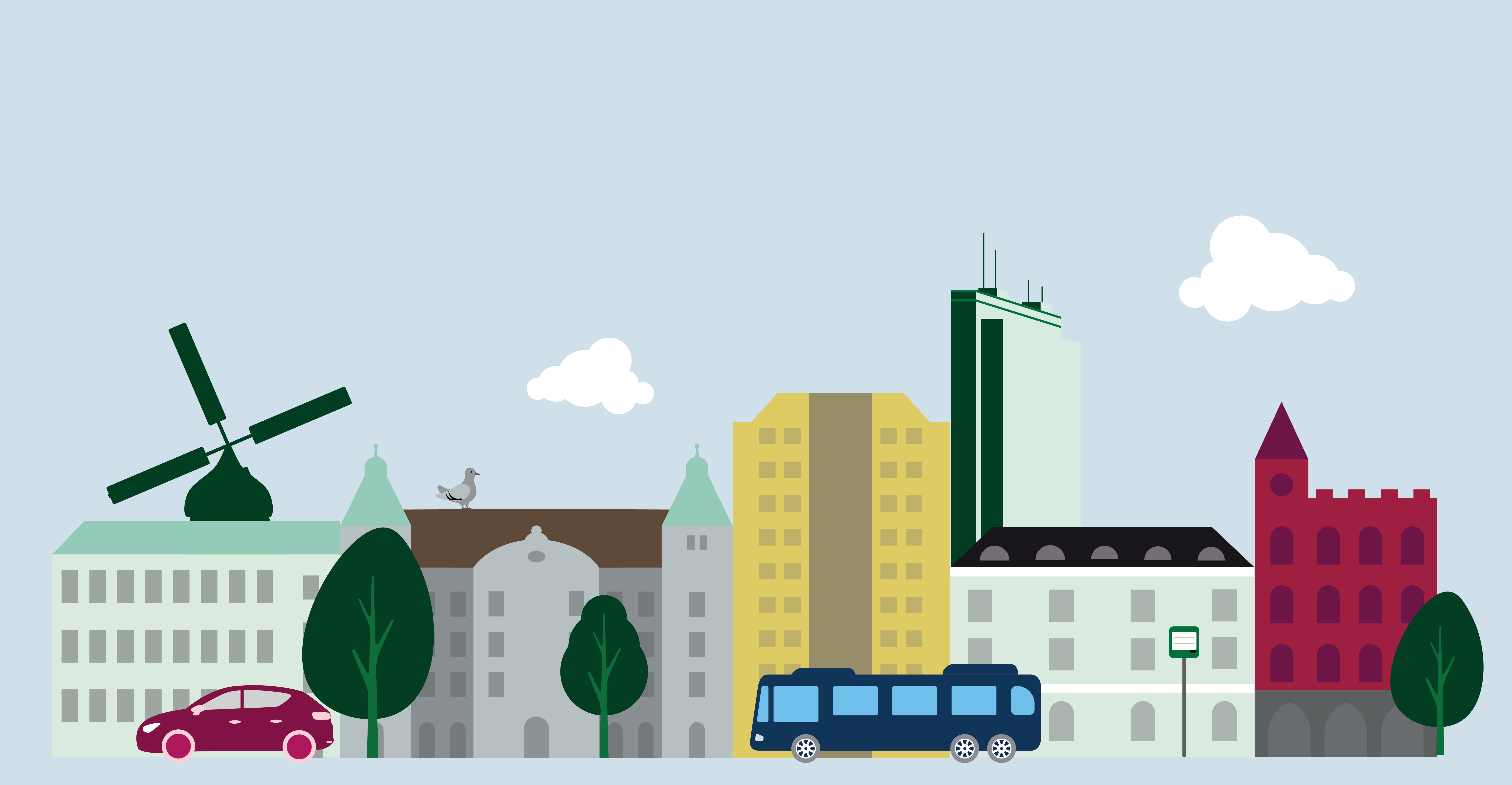 Illustration över en stadssilhuett.