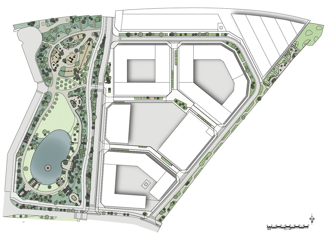 Karta som visar Mässparkens läge väster om de nya bostadskvarteren mot tågspåren i Hyllie, och var i parken som dammen och växtligheten finns.