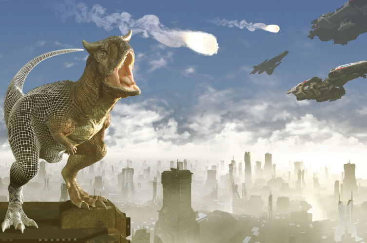 An animated scary dinosaur in the foreground. In the background, a city with skyscrapers.