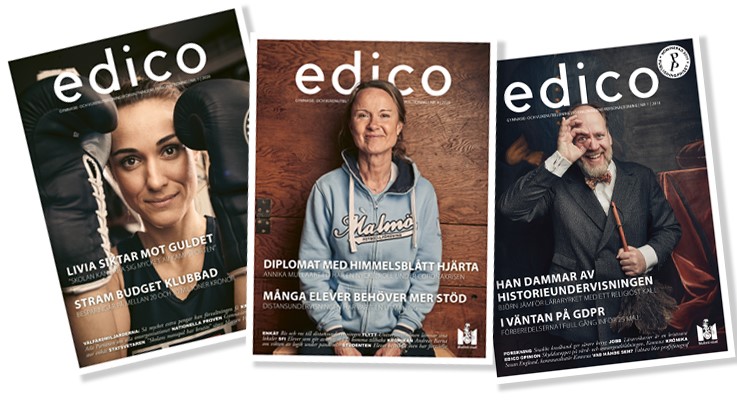 Tre olika nummer av tidningen edico.