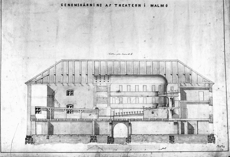 Ritning. Genomskärning av
Teatern på Gustav Adolfs torg. 