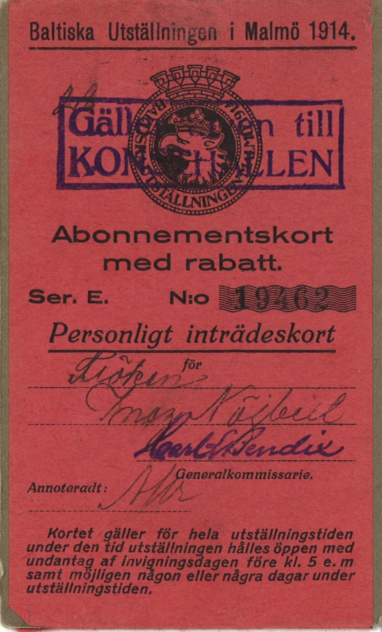 Abonnemangskort för Inez Nöjbert. Med det kortet kunde hon göra obegränsade besök på Baltiska utställningen 1914. Foto: Okänd.