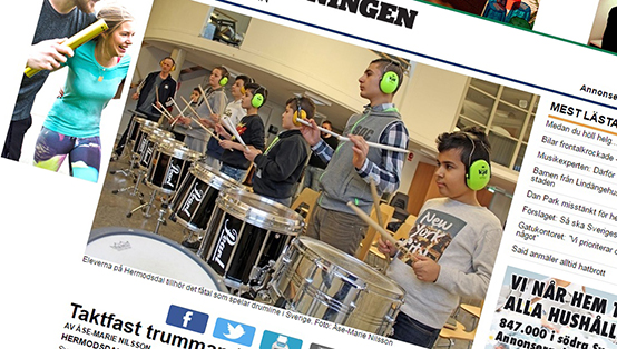 Drumline för nyanlända på Hermodsdal. Bild på Lokaltidningens artikel.