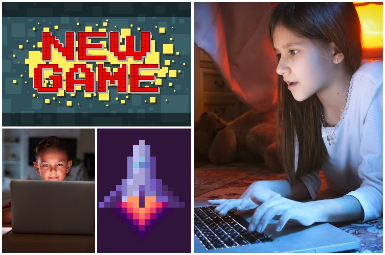 Collage. Barn som sitter vid datorer samt grafiska bilder som liknar dataspel