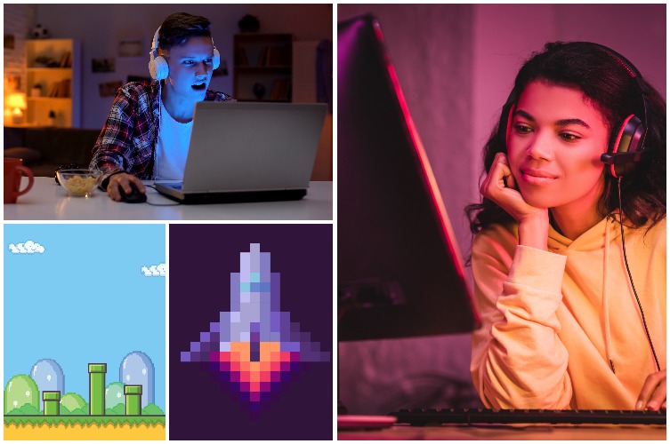 Collage. Barn som sitter vid datorer samt grafiska bilder som liknar dataspel