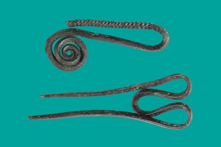 Nålar av brons för hår och kläder.