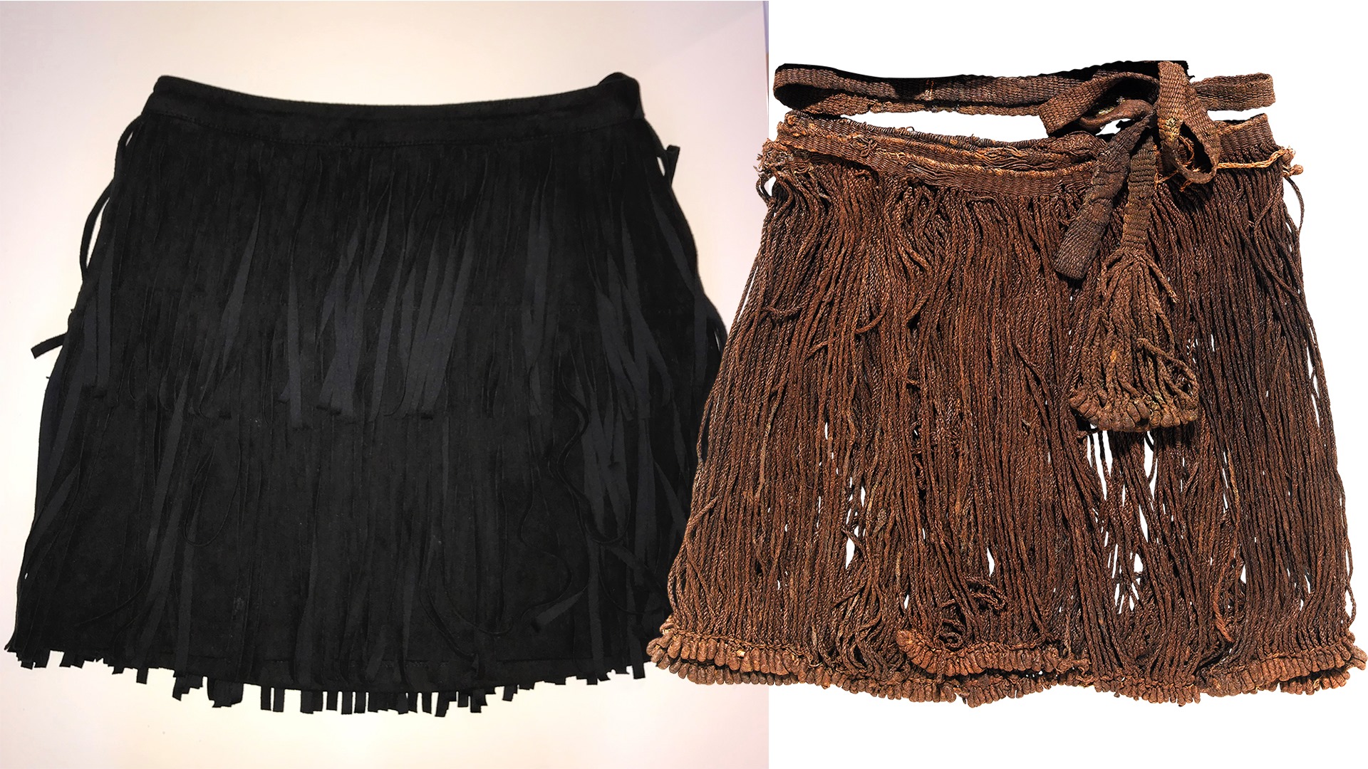Två kjolar med fransar, en gammal från forntiden och en nyare från nutid.