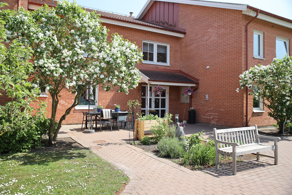 Vid
husets entré står det bord och bänkar. Träd med ljusa blommor växer nära huset och marken är
belagd med sten.