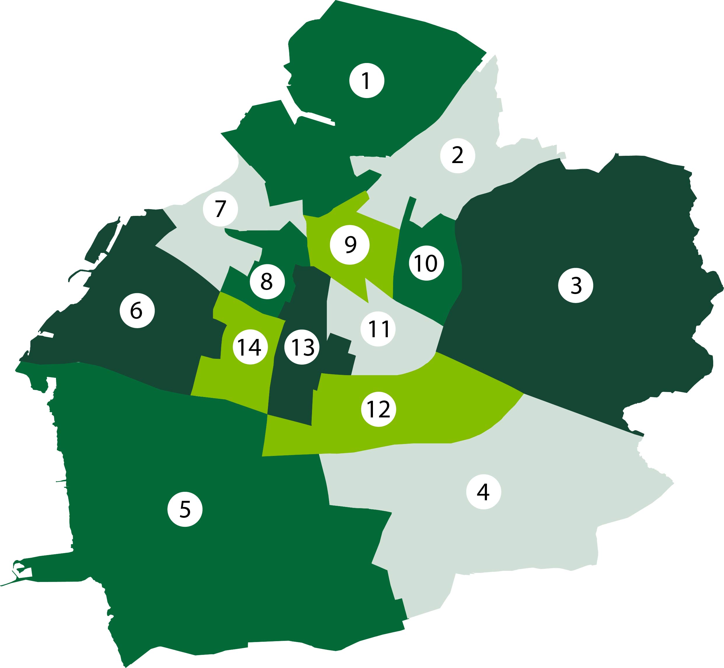 Karta över indelningen av Malmö i 14 delområden. CTC-team finns i områdena 2, 5, 8, 9 och 11.