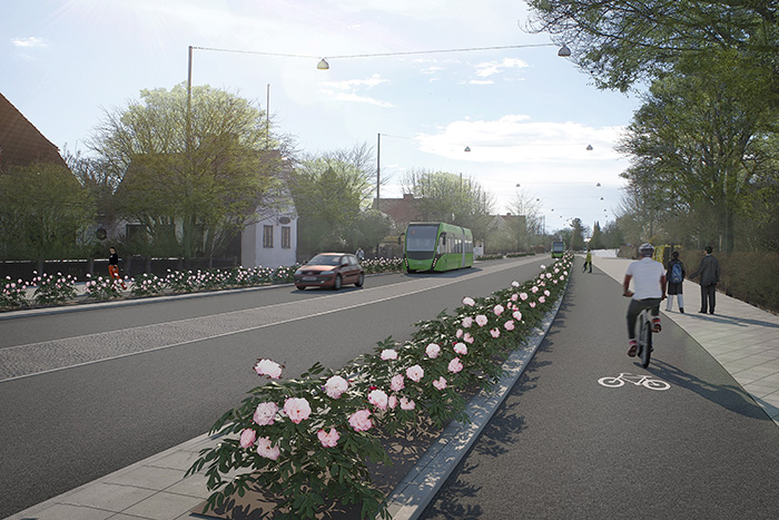 Erikslustvägen så som den är tänkt att se ut när entreprenaden är klar. Separerad cykelbana som kantas av rosenbuskar, där flera cyklister finns. MalmöExpressen-buss kör i motsatt riktning. Illustration. 