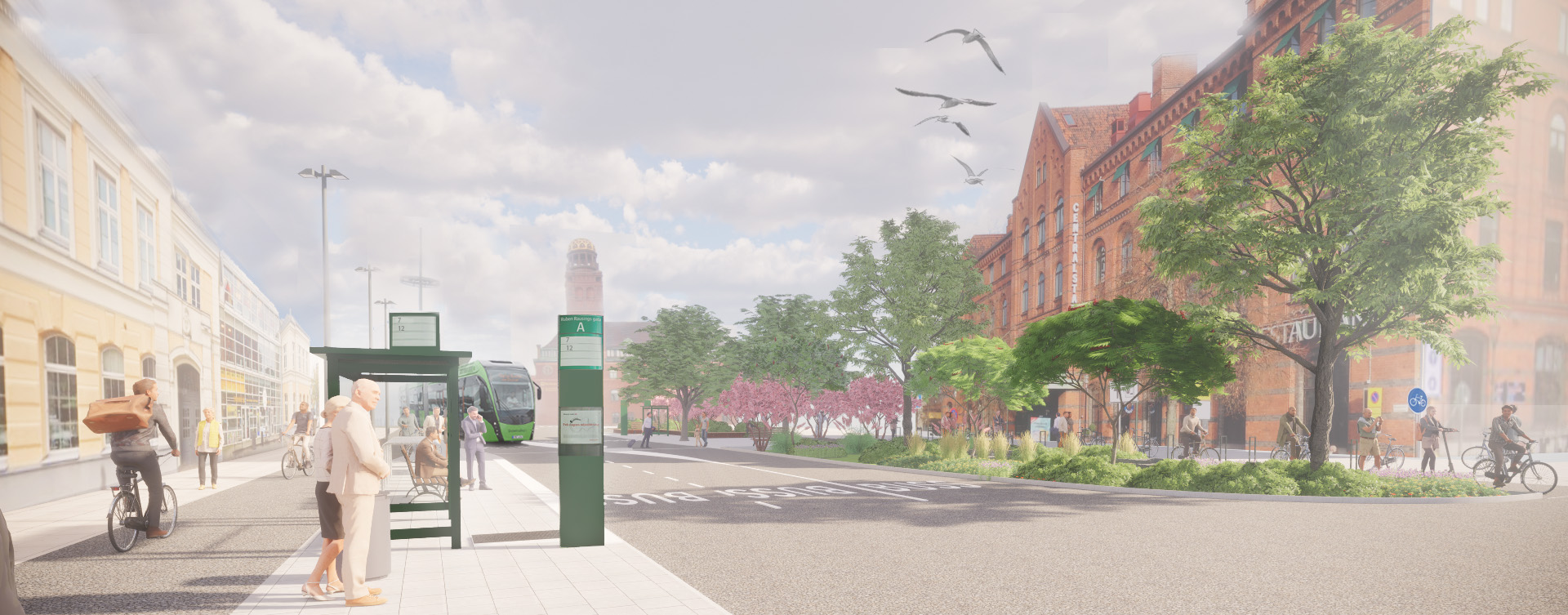 Animerad framtidsbild på gatan Skeppsbron som visar mer grönska i mittrefugen, cyklister på ny cykelbana längs med Börshuset och en MalmöExpressen-buss i körfältet.