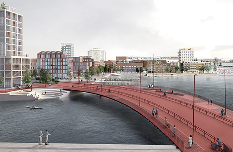 En röd bro med utsiktsplats mitt på bron. Cyklister, gående och en grön stadsbuss befinner sig på bron. Visionsbild. 
