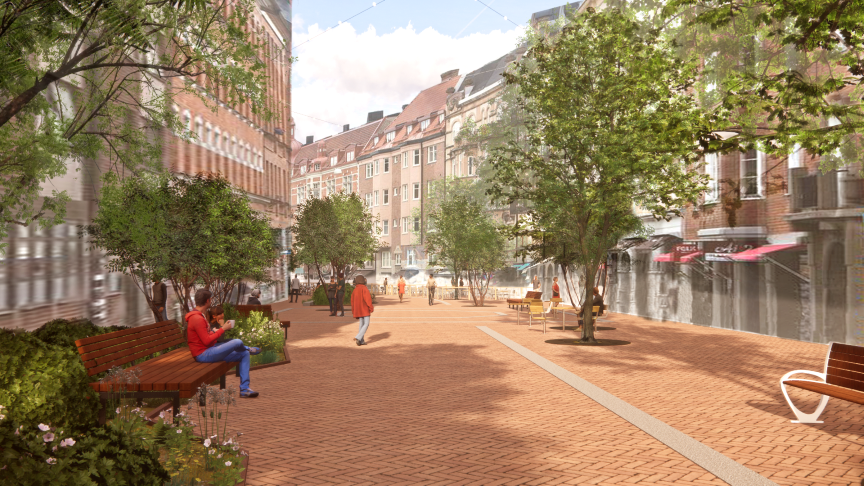 Visionsbild över Friisgatan. Gatan har fått det nya röda markteglet. Flera stora träd syns på bild. Längs gatan finns det bänkar där personer sitter och pratar.