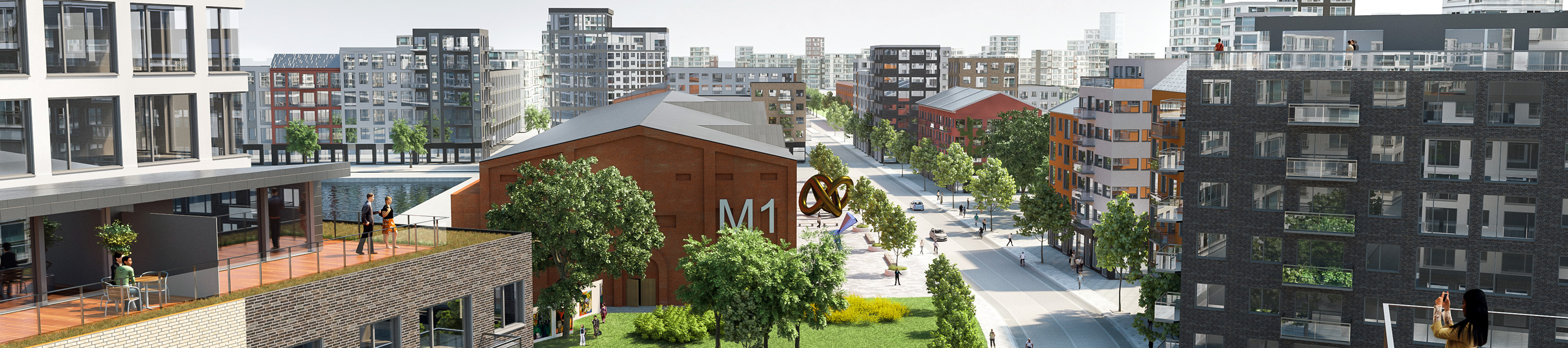 Visionsillustration som visar den stora tegelbyggnaden Magasin M1 i det färdigbyggda området i Nyhamnen. 