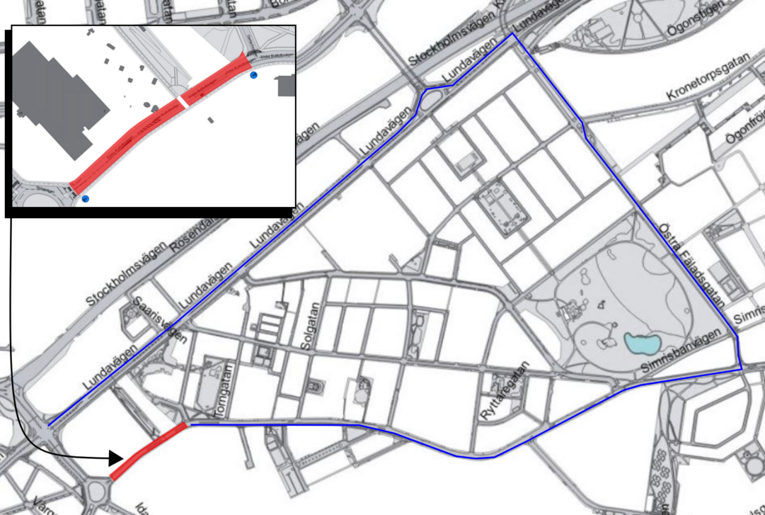 Bilden visar en karta med avstängt arbetsområde på Södra Bulltoftavägen och omledning av trafiken.