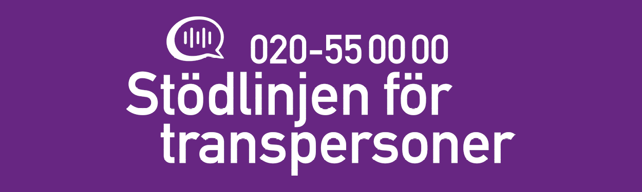En lila bild med texten: 020-55 00 00 Stödlinjen för transpersoner.
