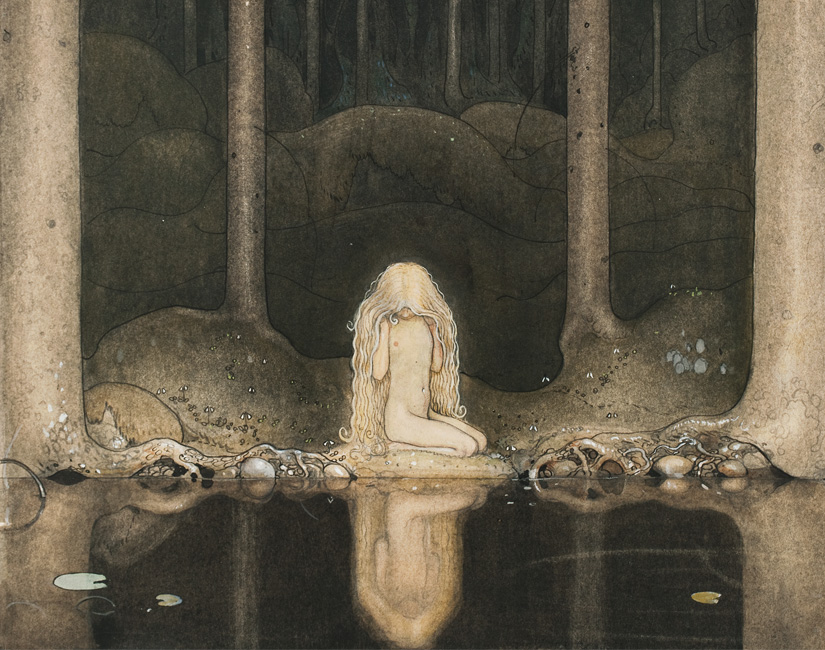 Bild på konstnären John Bauers verk Ännu sitter Tuvstarr och ser undrande ner i vattnet från 1913. 