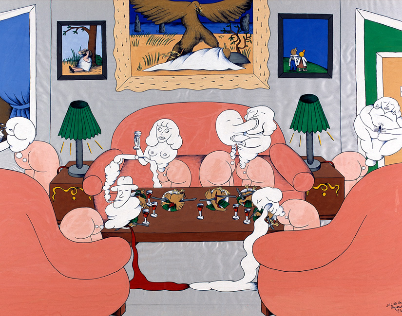 Bild på konstnären Marie-Louise Ekmans verk De bortbjudna från 1976. Verket skildrar en middagsbjudning hemma hos konsthandlarna Jan och Dagny Runnqvist på Sturegatan i Stockholm.