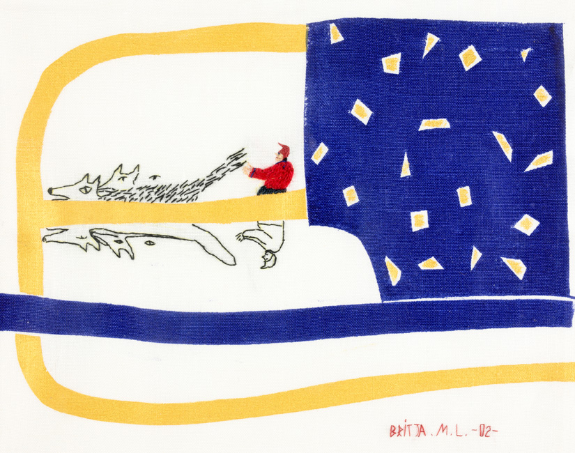 Bild av Britta Marakatt-Labba textilverk Hunting från 2002.  