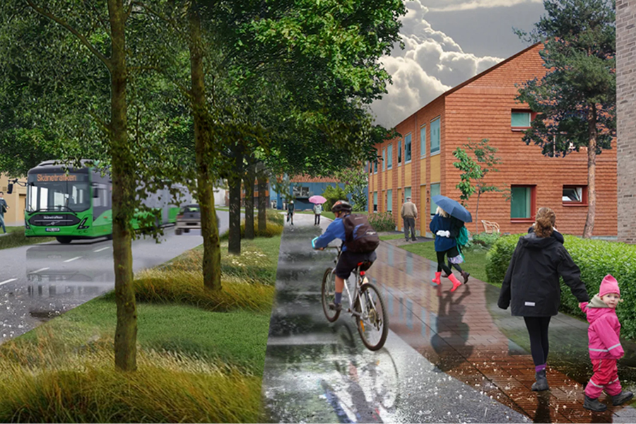 Visionsbild med bussgata, allé och gång- och cykelväg med personer till fots och på cykel. I bakgrunden syns hus som är två-tre våningar höga. 