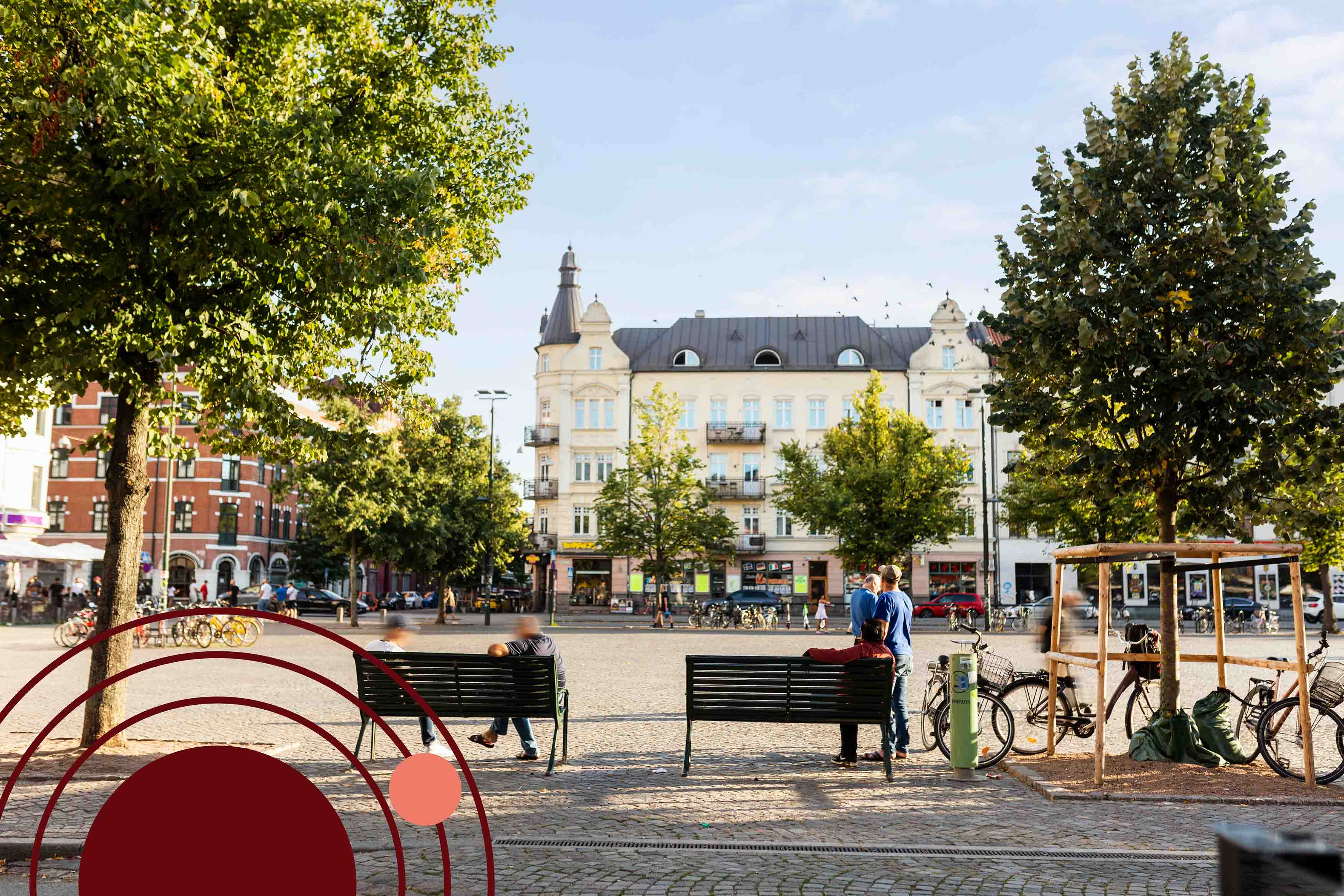 Träd på Möllevångstorget ger skugga och svalka under en varm dag.
