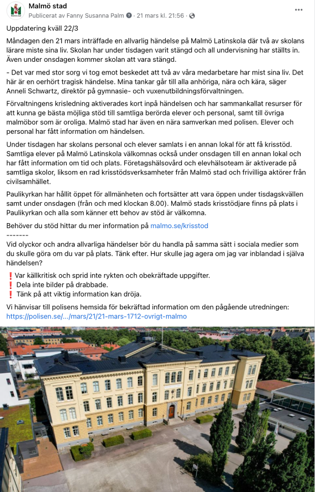 Inlägg på Facebook om händelse på Malmö Latinskola.