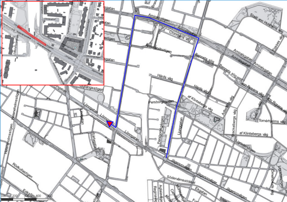 Bilden visar en karta med avstängt arbetsområde på Lönngatan och omledningsväg för trafik i västlig riktning via Västra Kattarpsvägen, Amiralsgtan och Norra Grängesbergsgatan.