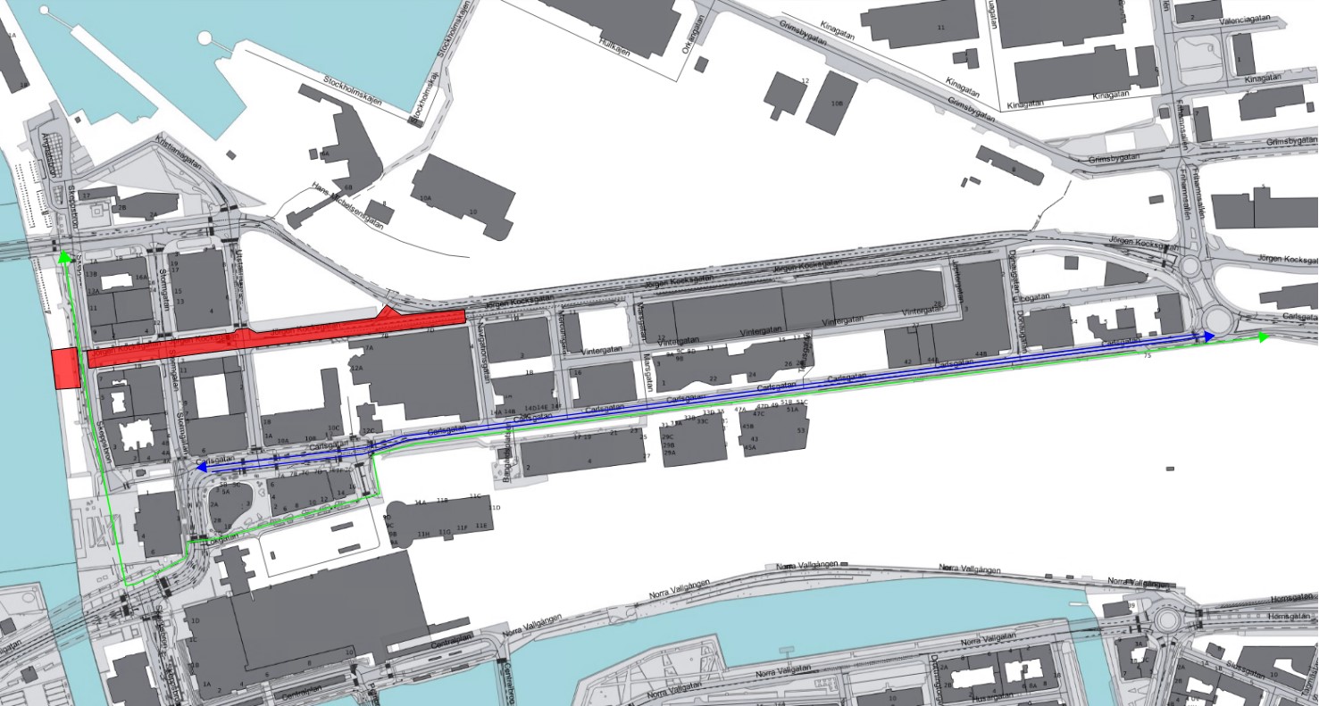 Bilden visar en karta med avstängningar och omledning av trafiken under etapp 1 på Jörgen Kocksgatan samt öppen gata för trafiken.