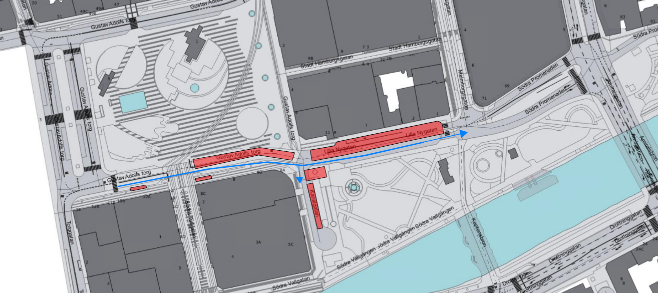 Bilden visar en karta med avstängningar enligt etapp 2 på Gustav Adolfs Torg mellan Södra Tullgatan och Malmborgsgatan.