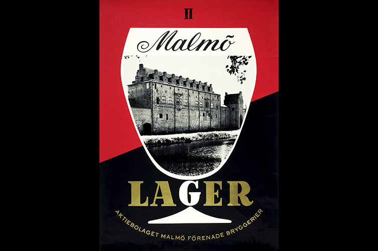Reklamaffisch från AB Malmö Förenade Bryggerier. På bolagets flaskor
fanns under åren 1959-61 etiketter med olika motiv från Malmö. Foto: Vladimira Tabáková / Malmö museum.