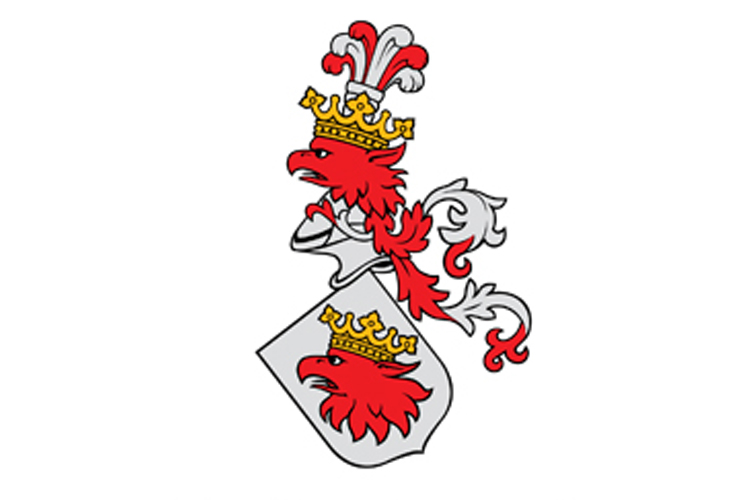 Malmös stadsvapen. En röd grips huvud som har en röd hals och röda öron. Ovanpå huvudet vilar en förgylld krona med en buske vita och röda strutsfjädrar mitt på kronan.