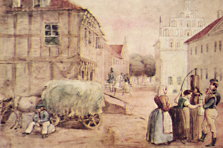 Illustration av gatumiljö, hus och människor. 