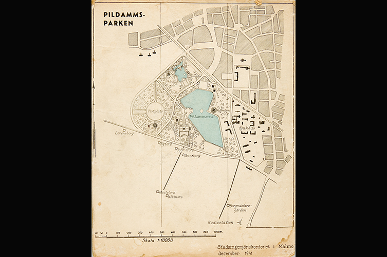 Äldre karta över nuvarande Pildammsparken. 