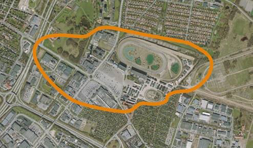 Kartbild över Jägersro som ringar in det aktuella området i orange färg.