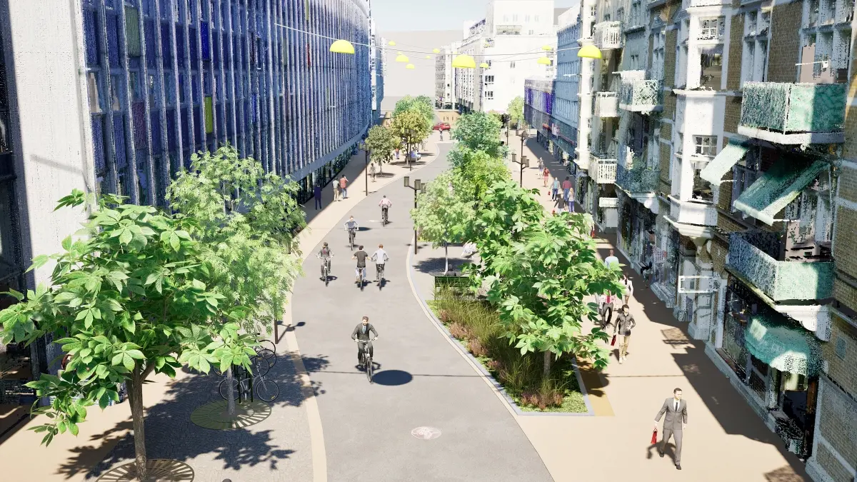 Hur Södra Förstadsgatan kan se ut i framtiden, riktning söderut. På höger sida syns Triangeln köpcentrum.