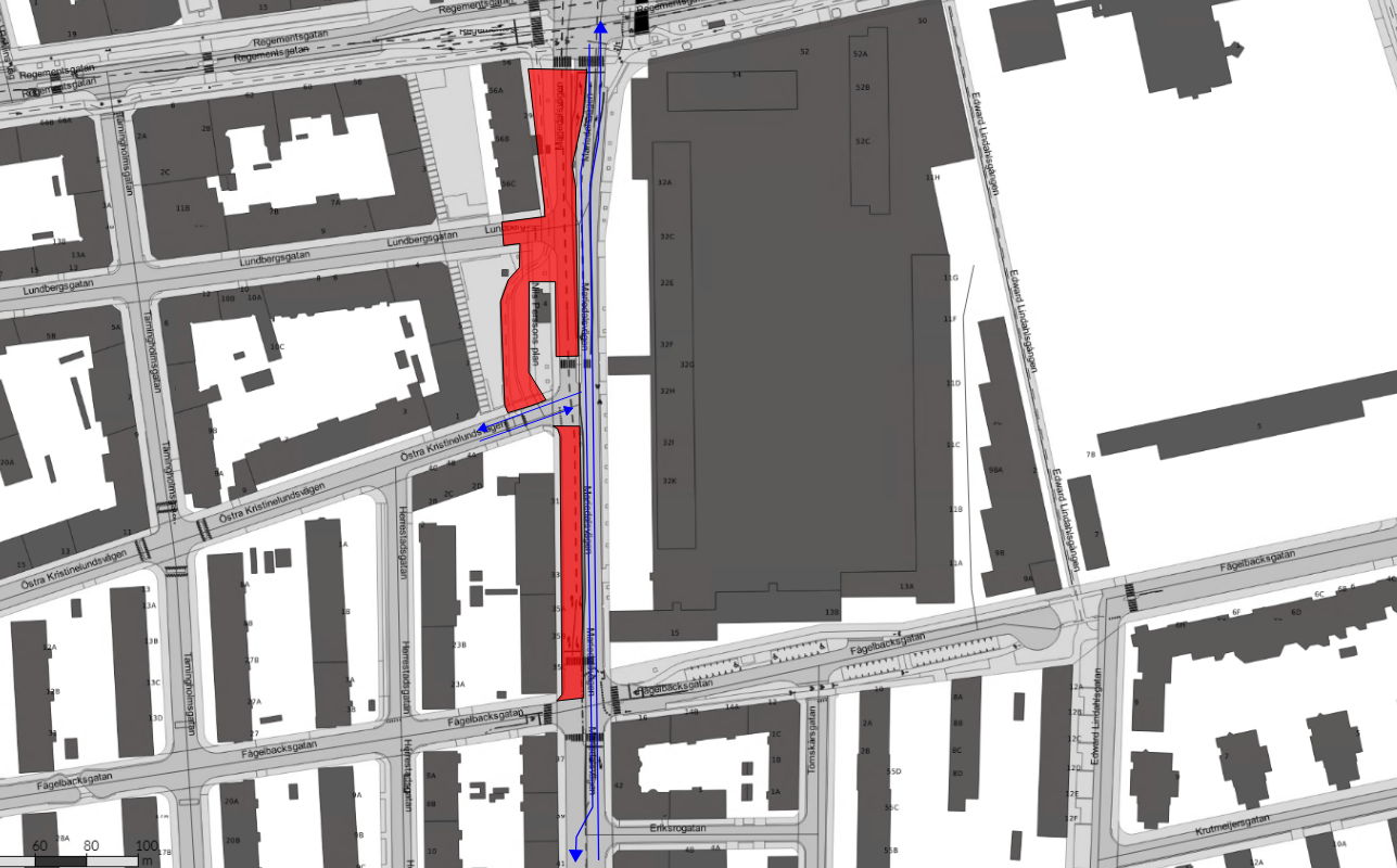 Bilden visar en karta där det är begränsad framkomlighet på Mariedalsvägen.