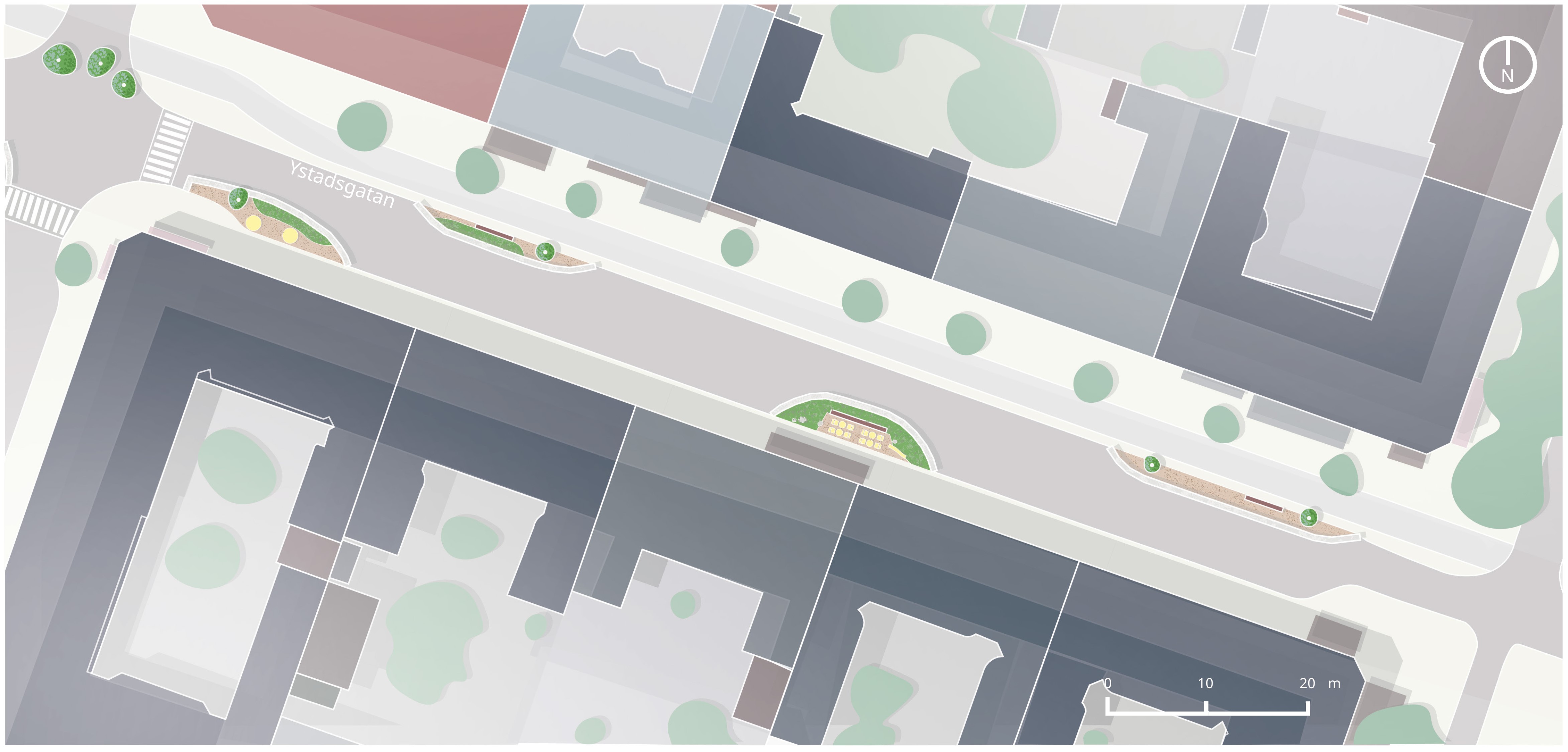 Skiss över Ystadsgatan ovanifrån, med grönska och sittplatser i sektioner längs gatan.