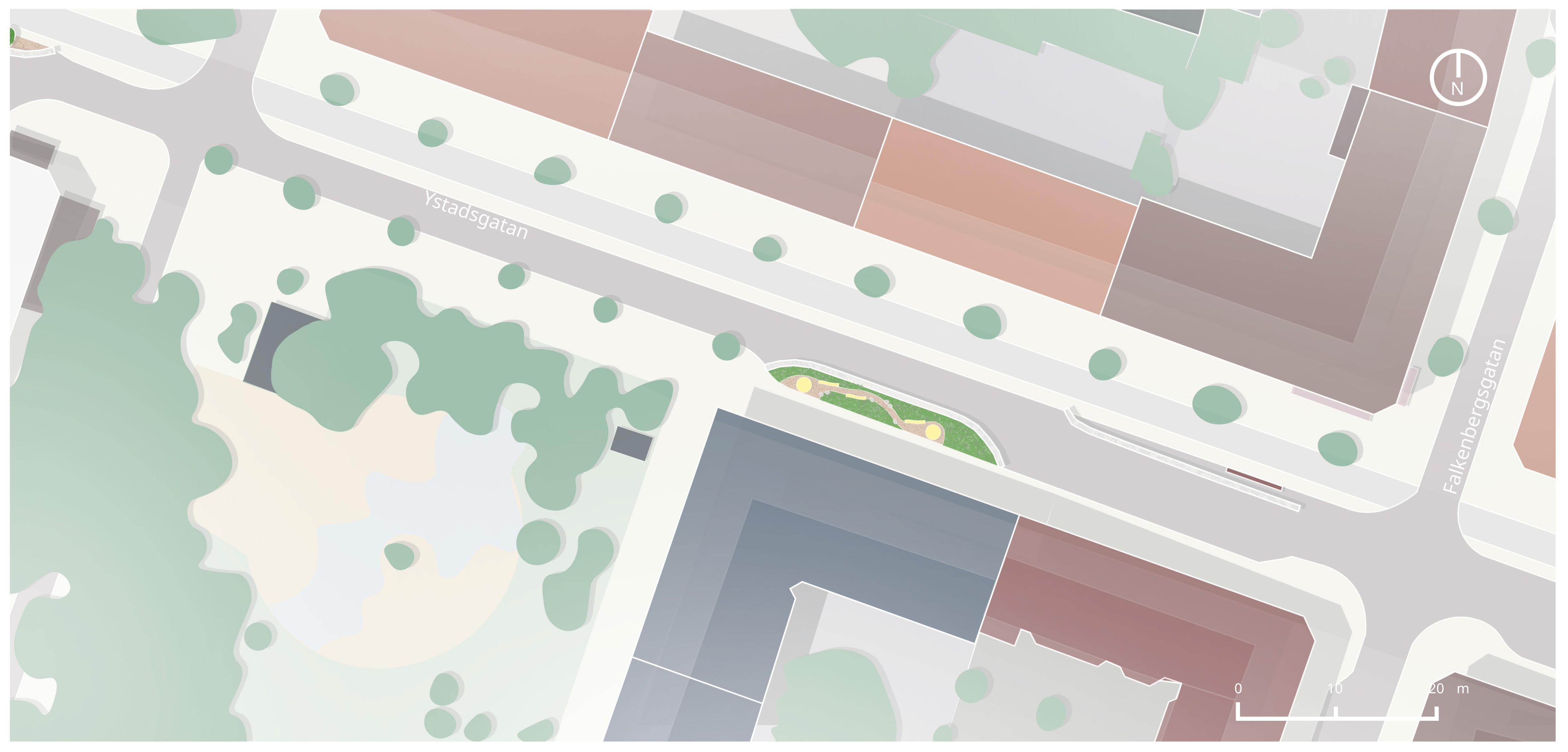 Skiss över Ystadsgatan ovanifrån, med grönska och sittplatser i sektioner längs gatan.