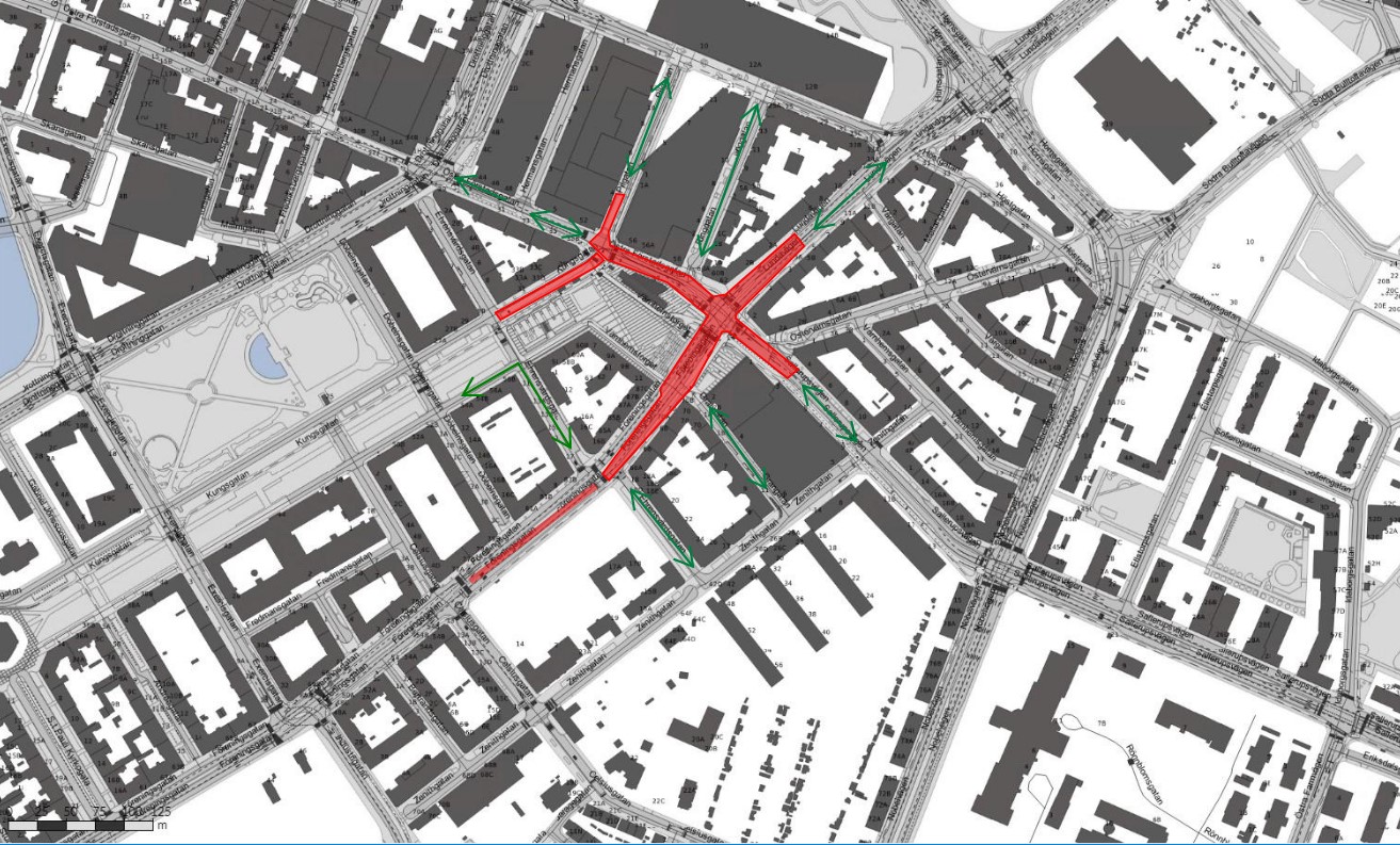 Bilden visar en karta av avstängningar på Föreningsgatan, Lundavägen, Sallerupsvägen, Östra Förstadsgatan, Pilgatan samt Kungsgatan.