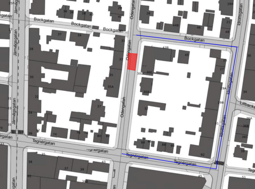 Bilden  visar en karta där Odengatan är avstängd mellan Bockgatan och Tegnergatan.
