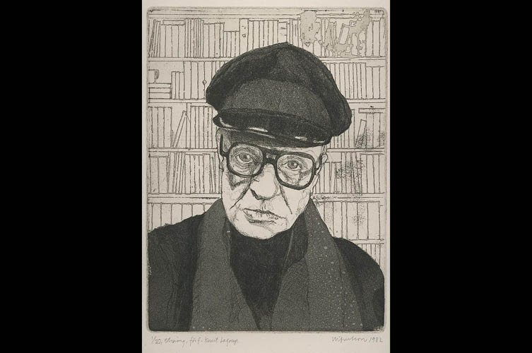 Etsning av Knut Lagrup i glasögon och gubbkeps.