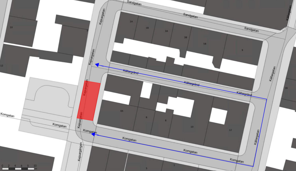 Bilden visar en karta där Kejsargatan är avstängd mellan Källargränd och Komgatan. Omledning av trafiken sker via Källargränd och Komgatan.