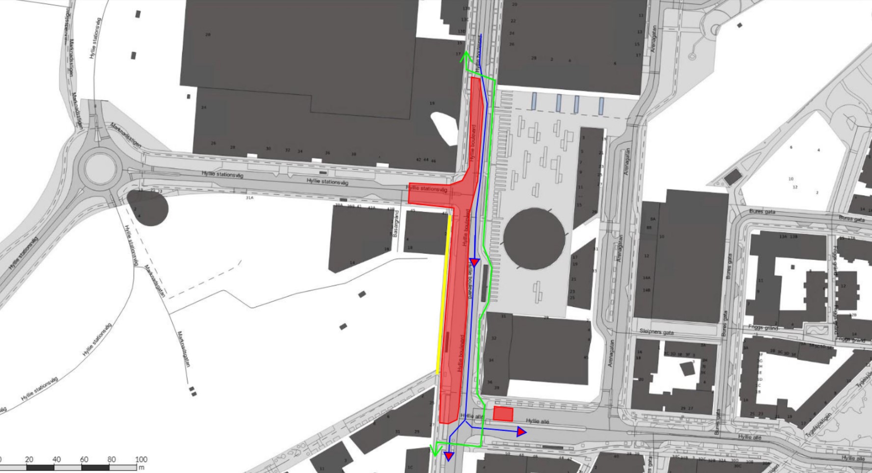 Bilden visar en karta av etapp 1 där Hyllie stationsväg avstängd för genomfart till Hyllie boulevard, Trafik i södergående riktning leds förbi arbetet. Cykelbanan är avstängd på västra sidan av arbetet och cyklister leds om till motsatt sida. Gående kan passera på västra sidan av arbetet.