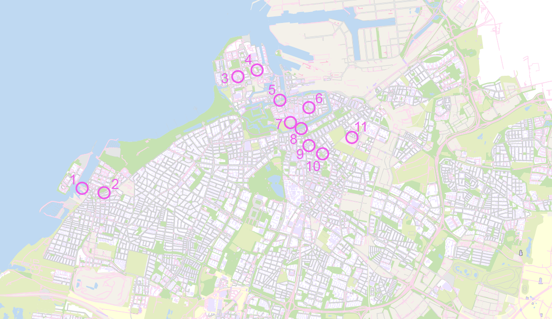 Karta över Malmö med ett antal rosa prickar utsatta. 