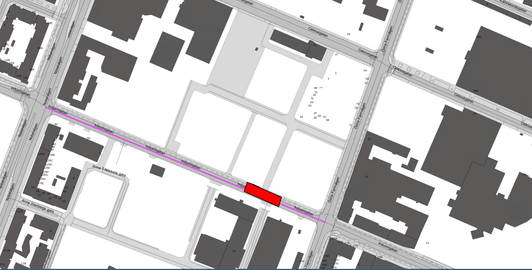 Bilden visar en karta där Industrigatan är avstängd mellan Nobelvägen och Östra Farmvägen.