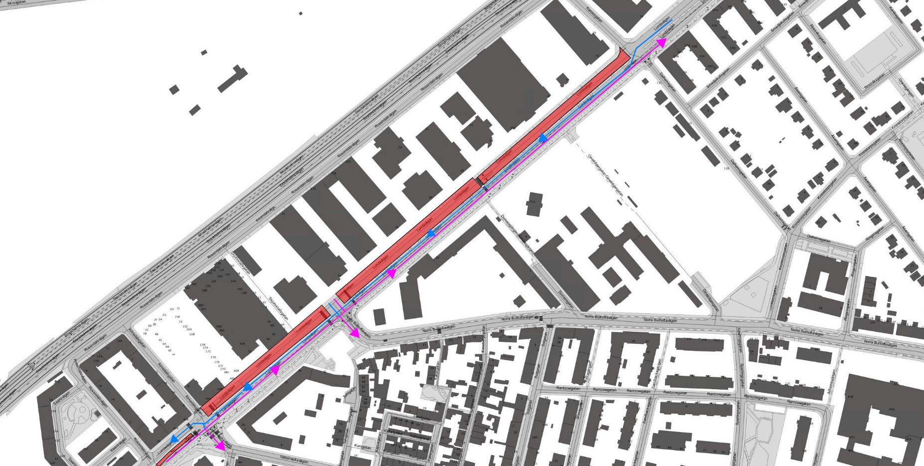 Bilden visar en karta där det är begränsad framkomlighet på Lundavägen mellan Karossgatan och Sariisvägen på grund av att VA Syd utför ett större VA arbete.