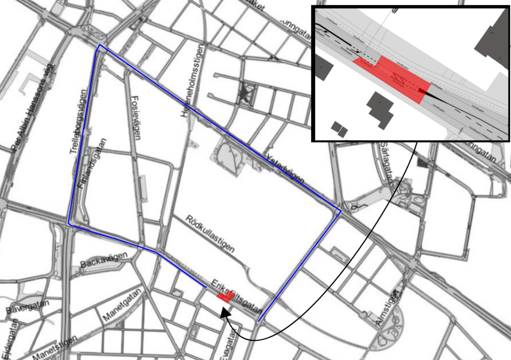 Bilden visar en karta där Eriksfältsgatan är avstängd på grund av ett ventilarbete. Närmsta omledningsväg för trafiken är Ystadvägen och Trelleborgsvägen.